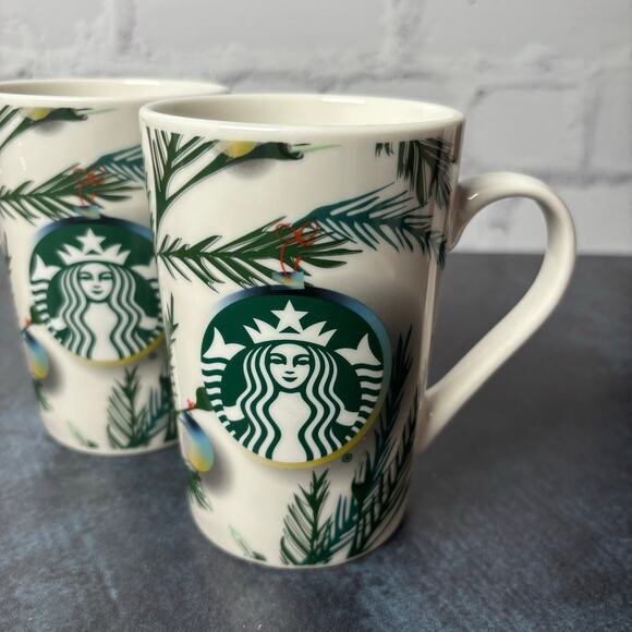 Set of 2 2020 Starbucks Christmas Mugs Tree Branches Ornaments Lights 11 oz - Picture 2 of 6